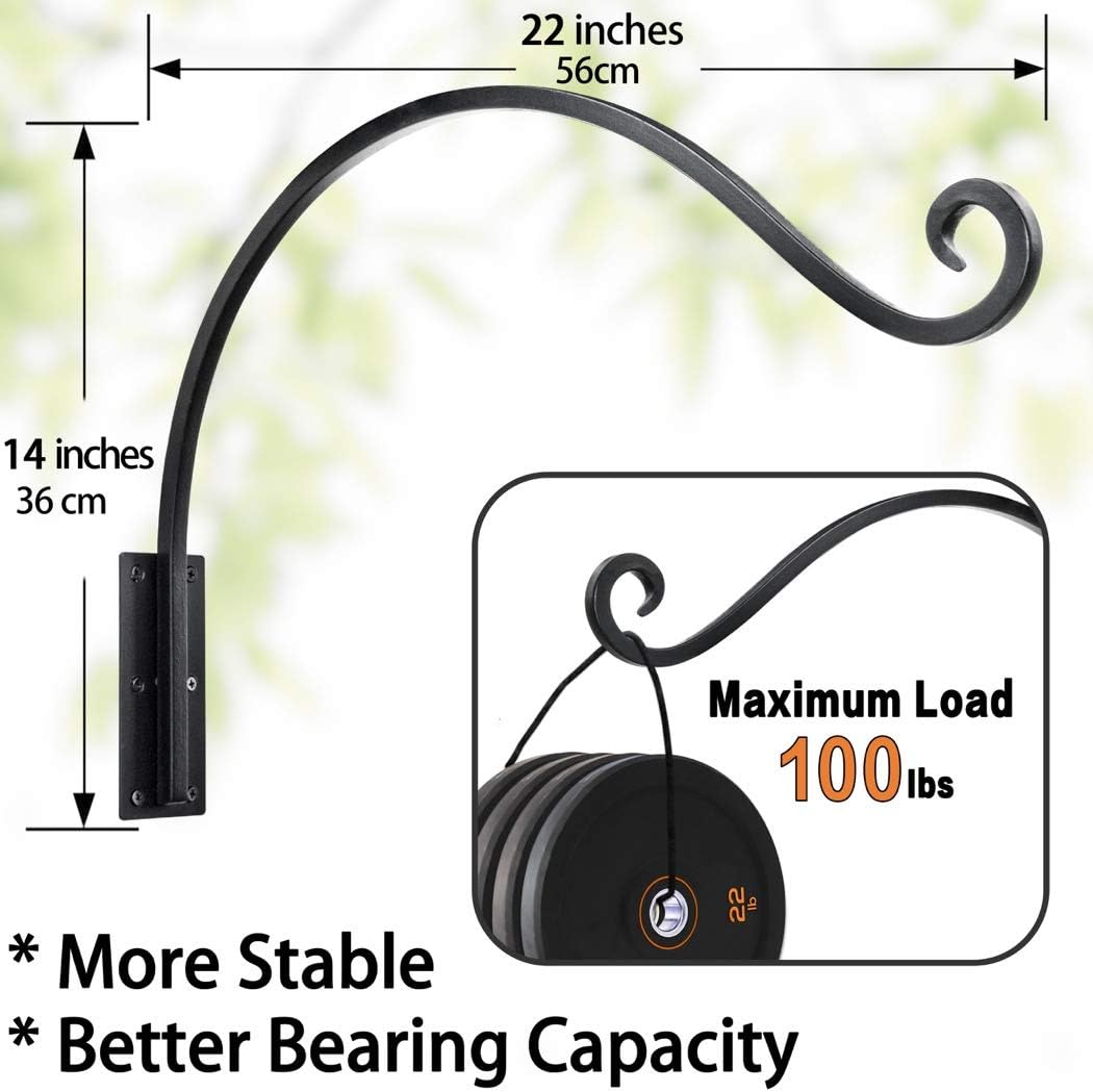 Heavy Duty Plant Hanger Bracket (22"/Black) Outdoor Hand-Forged Hanging Plant Bracket Durable and Stable Bird Feeder Hanger