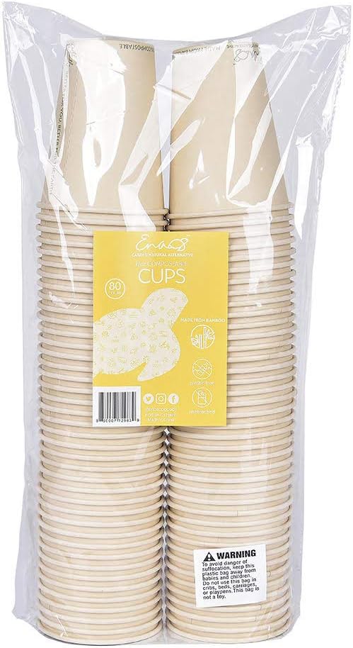 100% Compostable Disposable Coffee Cups [12oz 80 Pack] Paper Cups Made from Bamboo, Eco-Friendly, Biodegradable Premium Party Cups, Natural Unbleached by Earth's Natural Alternative