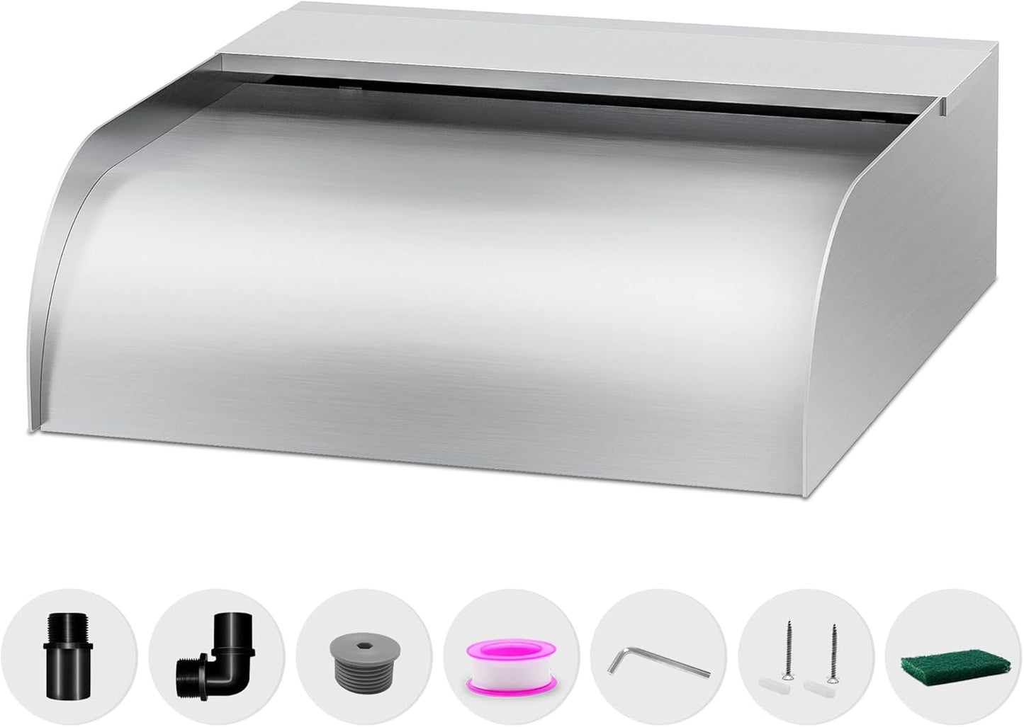 Pool Fountain Waterfall Spillway with Wider Water Flow Platform, Stainless Steel Waterfall with Pipe Connector Kits, Water Feature Spillway for Garden Decor, Patio, Ponds, 11.8"x11.8"x3.9