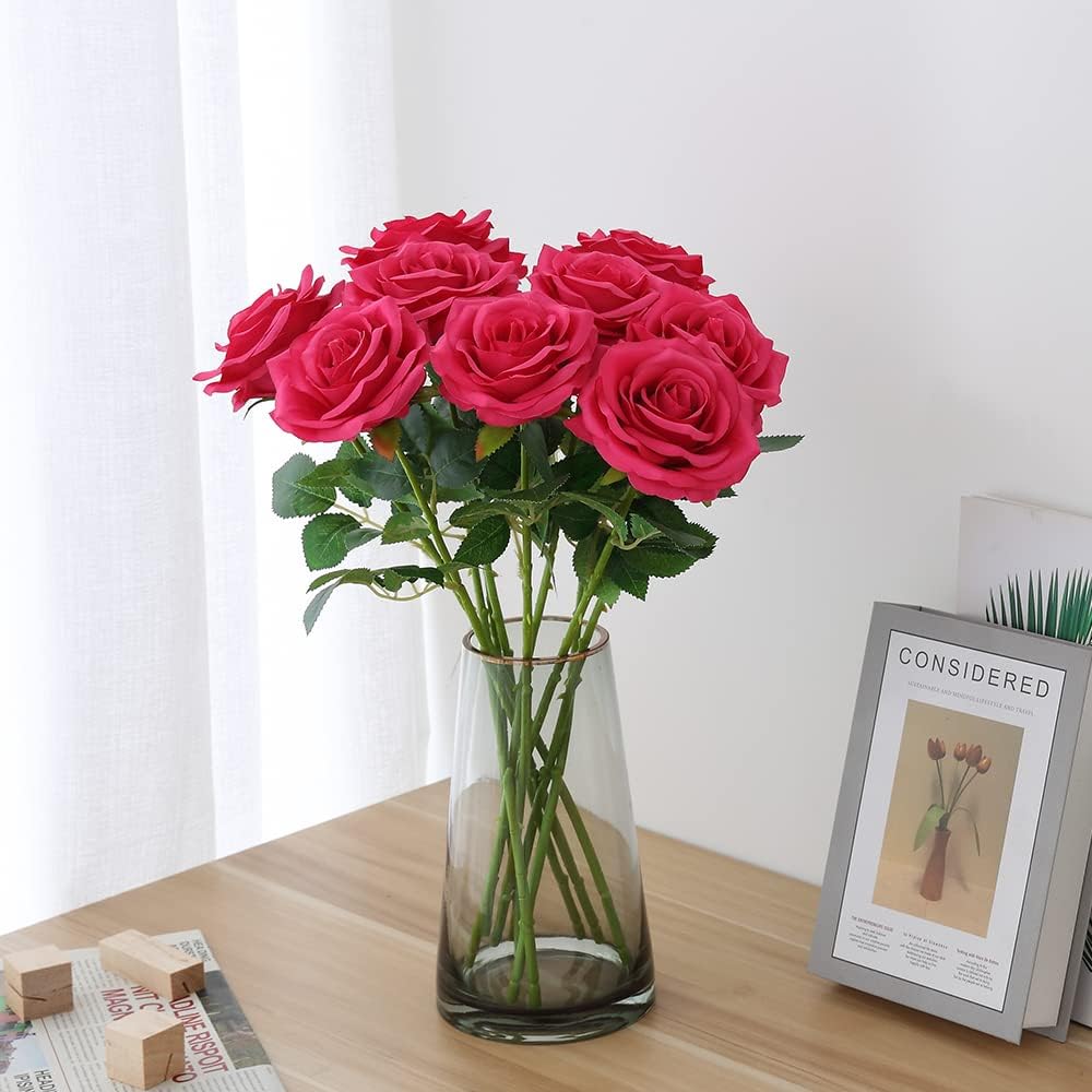 Artificial Rose 10pcs Open Flower Bouquet Faux Rose Stems for Wedding Arrangement, Bridal Bouquet, Centerpiece, Fake Faux Silk Flowers (Hot Pink)