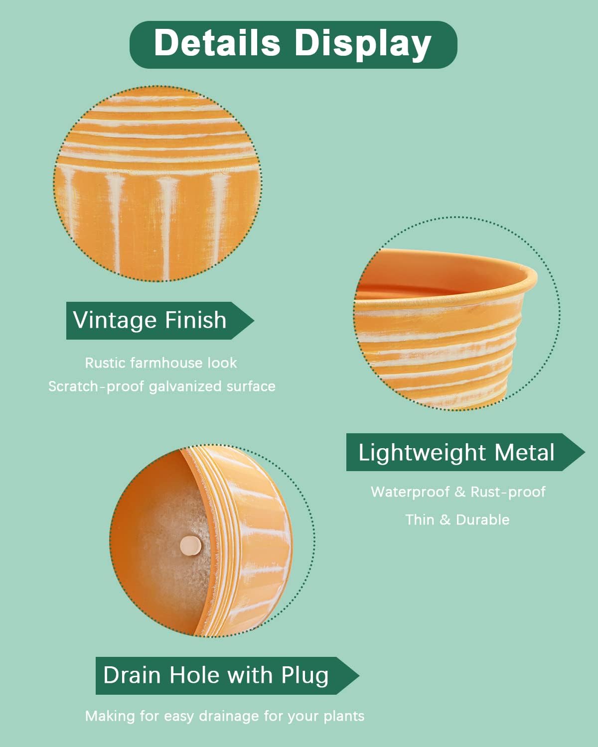 vensovo 5 Inch Orange Metal Rustic Flower Pots - 6Pcs Medium Galvanized Planters with Drainage Hole and Rubber Plug, Rustproof Metal Bucket Plant Pots Farmhouse Vintage Style for Decor