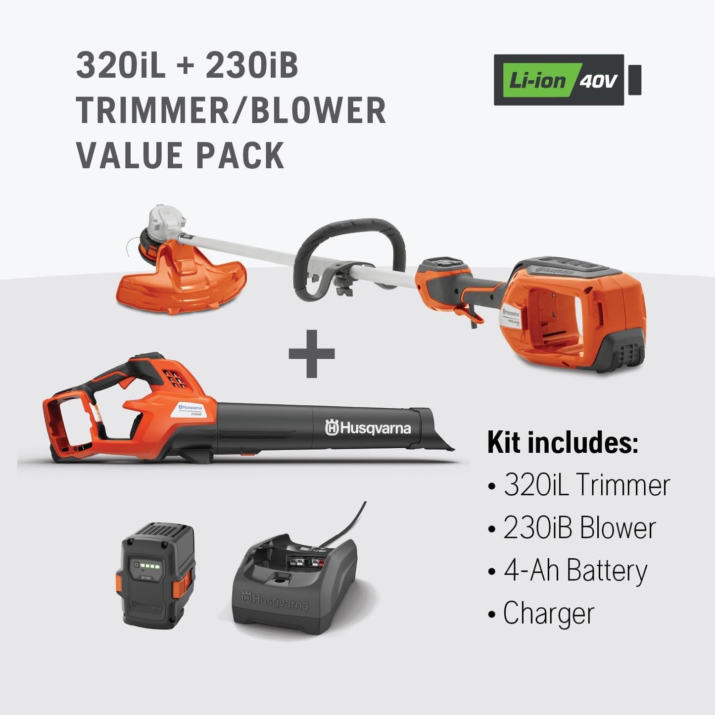 Husqvarna Weed Eater 320iL String Trimmer and 230iB Leaf Blower Bundle, Trimmer and Blower Combo with 4 Ah B140 Battery and 40-C80 Charger Included
