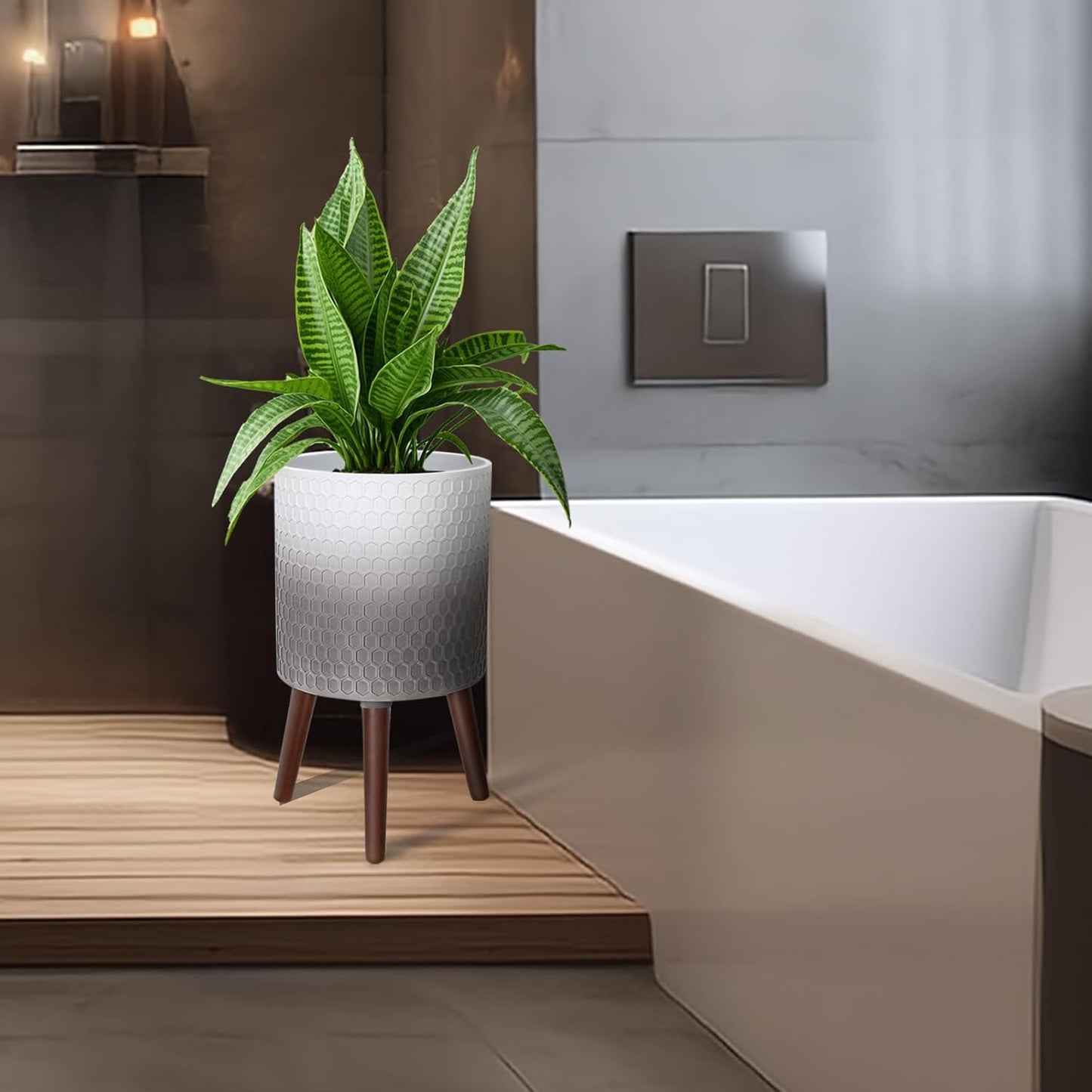 10 Inches Plant Pot with Stand, Large Modern Standing Planters with Drainage Holes for Indoor Plants, White&Gray Flower Pots with Legs