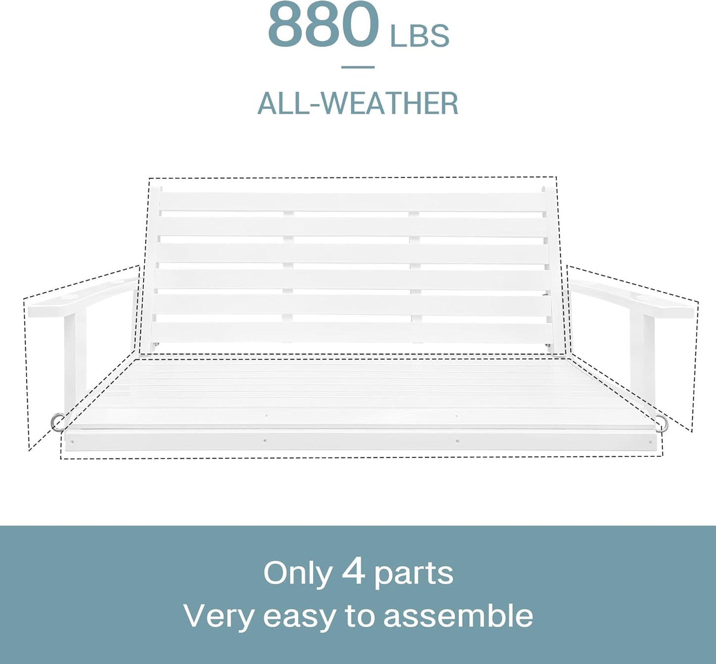 Wooden Porch Swing, Ergonomic Seat, Bench Swing with Hanging Chains and 7mm Springs, Heavy Duty 880 LBS, for Outdoor Patio Garden Yard (High Gloss White, 2-Seater Extra Large)