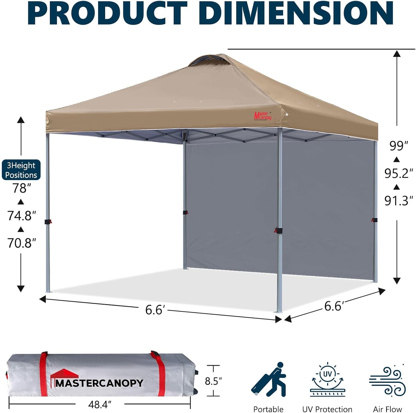 MASTERCANOPY Durable Pop-up Canopy Tent with 1 Sidewall (6.6'x6.6',Khaki)