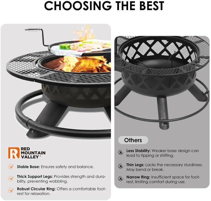 Red Mountain Valley 47" Outdoor Fire Pit with Adjustable Grill, 2-in-1 Metal Outdoor Fireplaces, Large Patio Wood Burning Fire Pits for Outside, Ideal for Backyard, Patio, Party