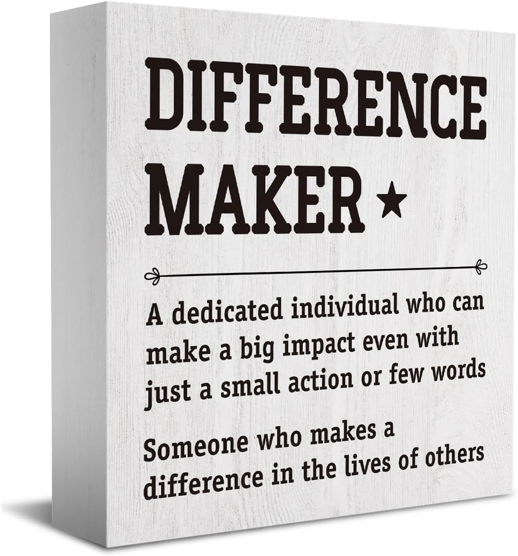 HTBIG Difference Maker Thank You Gifts Office Decor Funny Inspirational Desk Decor Coworker Gifts for Women Men Teacher Boss Day Retirement Rustic Wooden Box Sign for Tabletop Office Bookshelf White