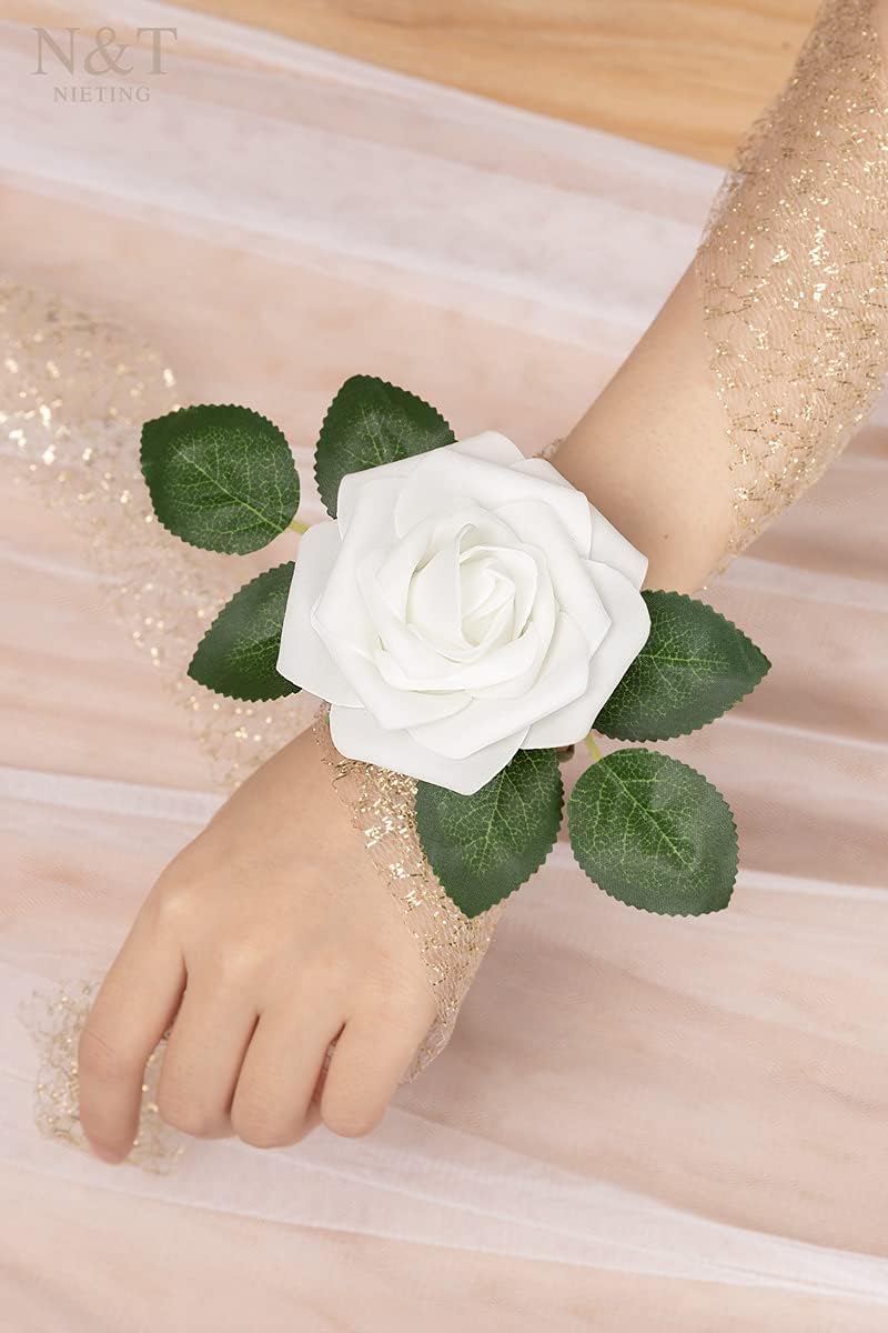 N&T NIETING Artificial Flowers 50pcs Real Touch White Flowers Artificial Roses for Decoration for DIY Wedding Bouquets Bridal Centerpieces Floral Shower Party Tables Home Arrangement