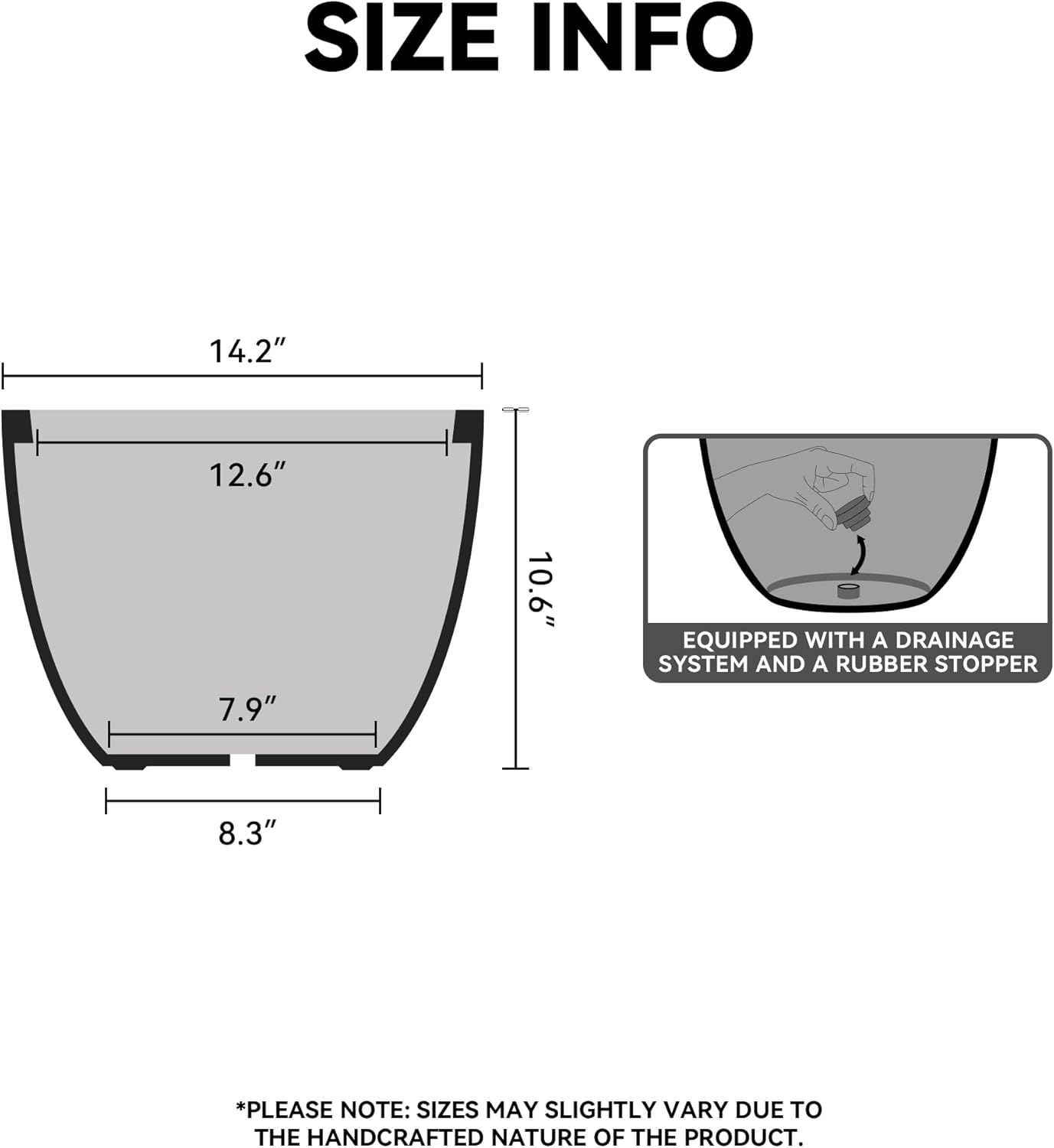 Kante 14.2 Inch Round Concrete Planter - Classic Large Indoor/Outdoor Plant Pot with Drainage Hole and Rubber Plug, Suitable for Gardens and Patios, Black Finish with Warm Brown Interior