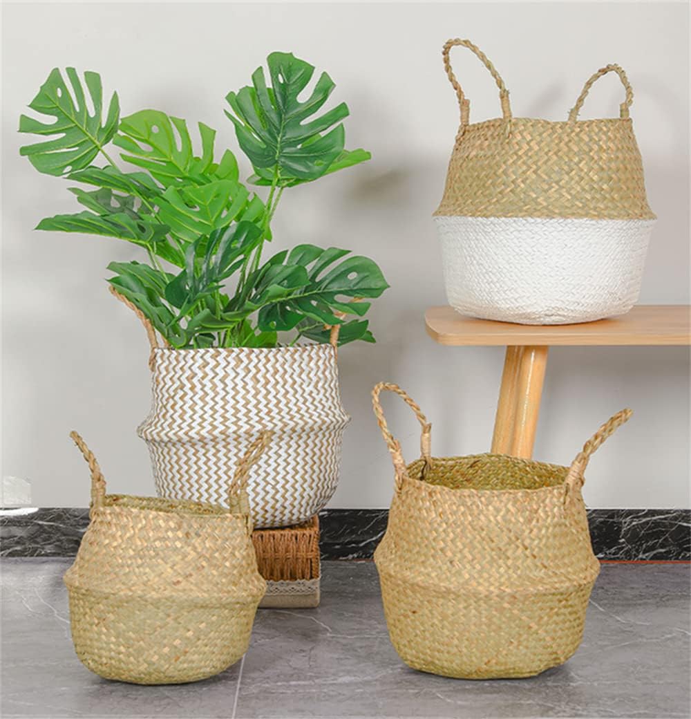 DOKOT Seagrass Plant Basket with Handles, Wicker Woven Storage Basket (8.3inch Diameter x 9inch Height), Natural