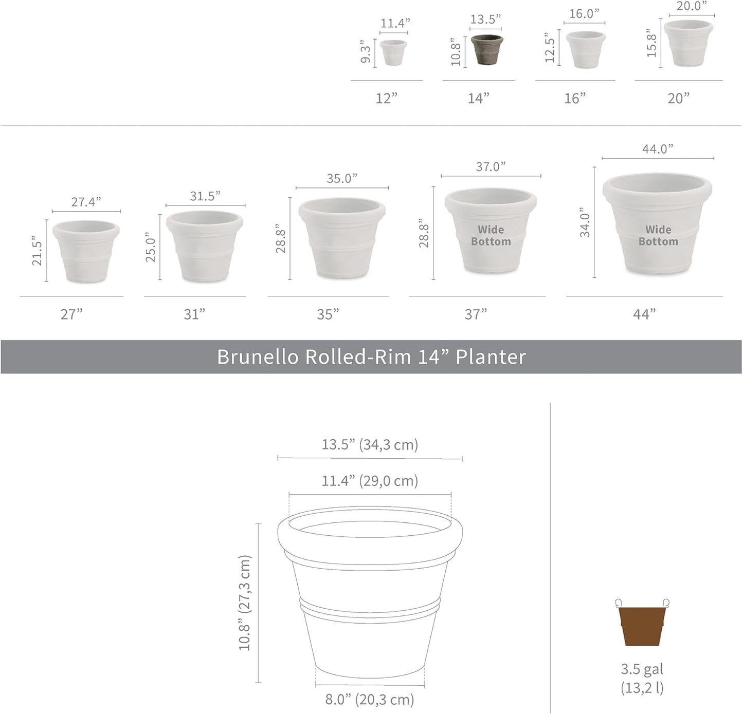 Crescent Garden Brunello Classic Rolled Rim Planter Pot, Indoor/Outdoor Weather-Safe Round Plant Pot, 14'' (Terracotta Color)