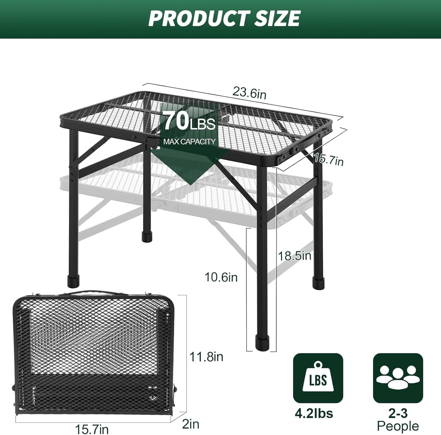 Folding Table, 2x1.3 FT Camping Table with Mesh Desktop,Folding Grill Table with Mesh Bag,Portable Outdoor for Picnic,Camping,BBQ,Beach(Black)