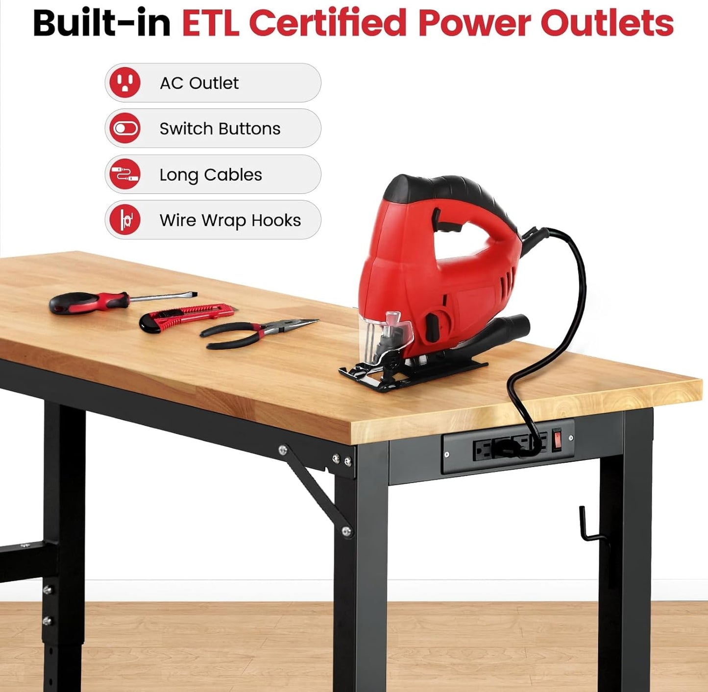 Workbench for Garage Adjustable Height 60 x 22 Inch Work Table with Wheels Heavy Duty Rubberwood Tabletop Workbench with Pegboard, Power Outlets for Woodworking Shop, Home, Office