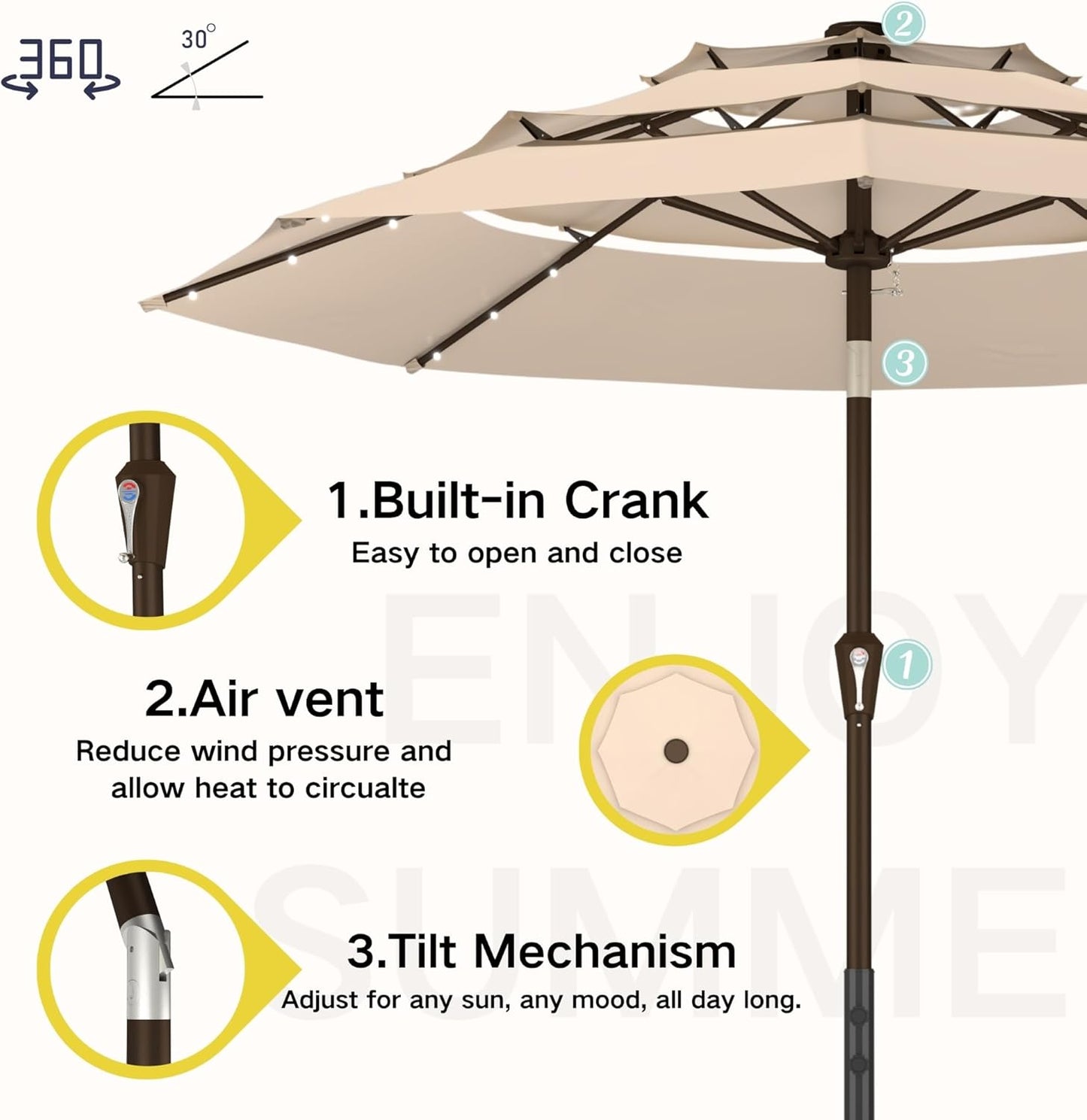 Kingdura 9ft 3-Tier Patio Umbrella with Solar Lights, Table Umbrella Outdoor Patio with Easy Crank & Tilt, 8 Sturdy Ribs, UV Protection, 32 LED Lights for Deck, Poolside, Market (Beige)