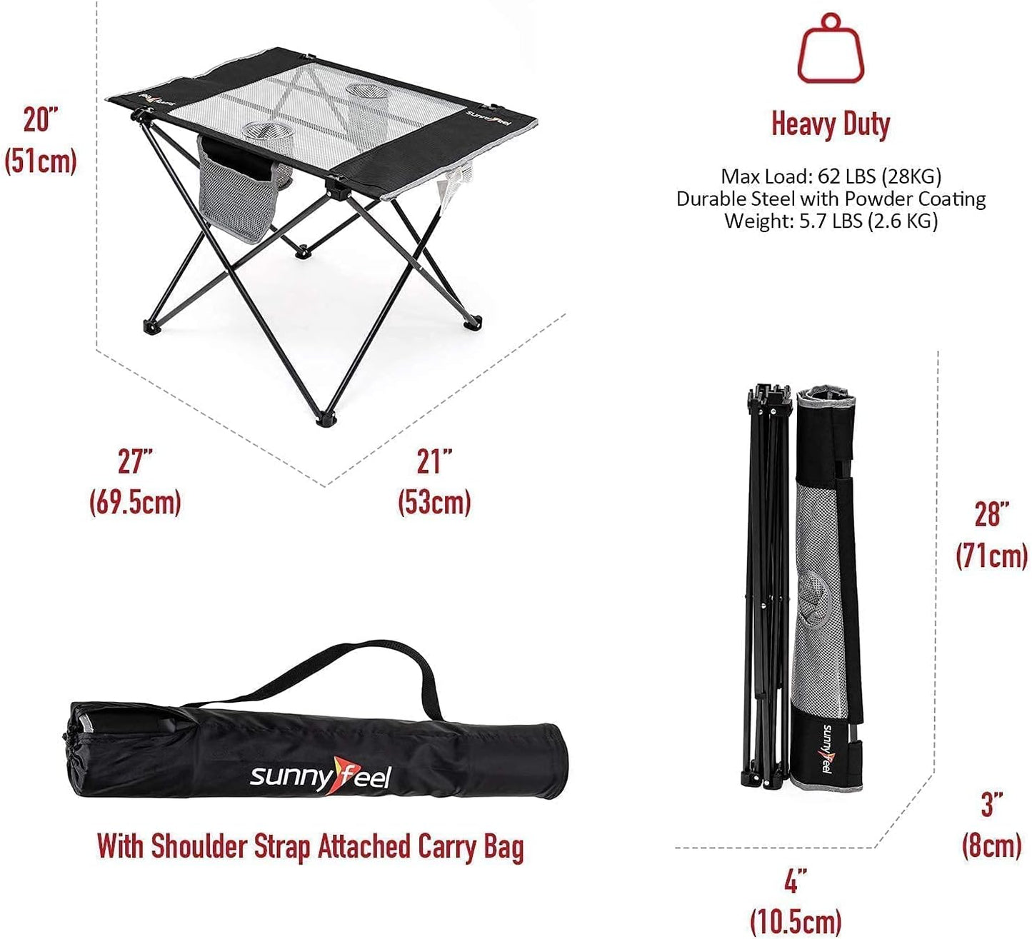SUNNYFEEL Outdoor Folding Table | Lightweight Mesh Compact Camping Table, Roll Up Top 2 People Portable Camp Tables with Carry Bag for Picnic/Cooking/Beach/Travel/BBQ