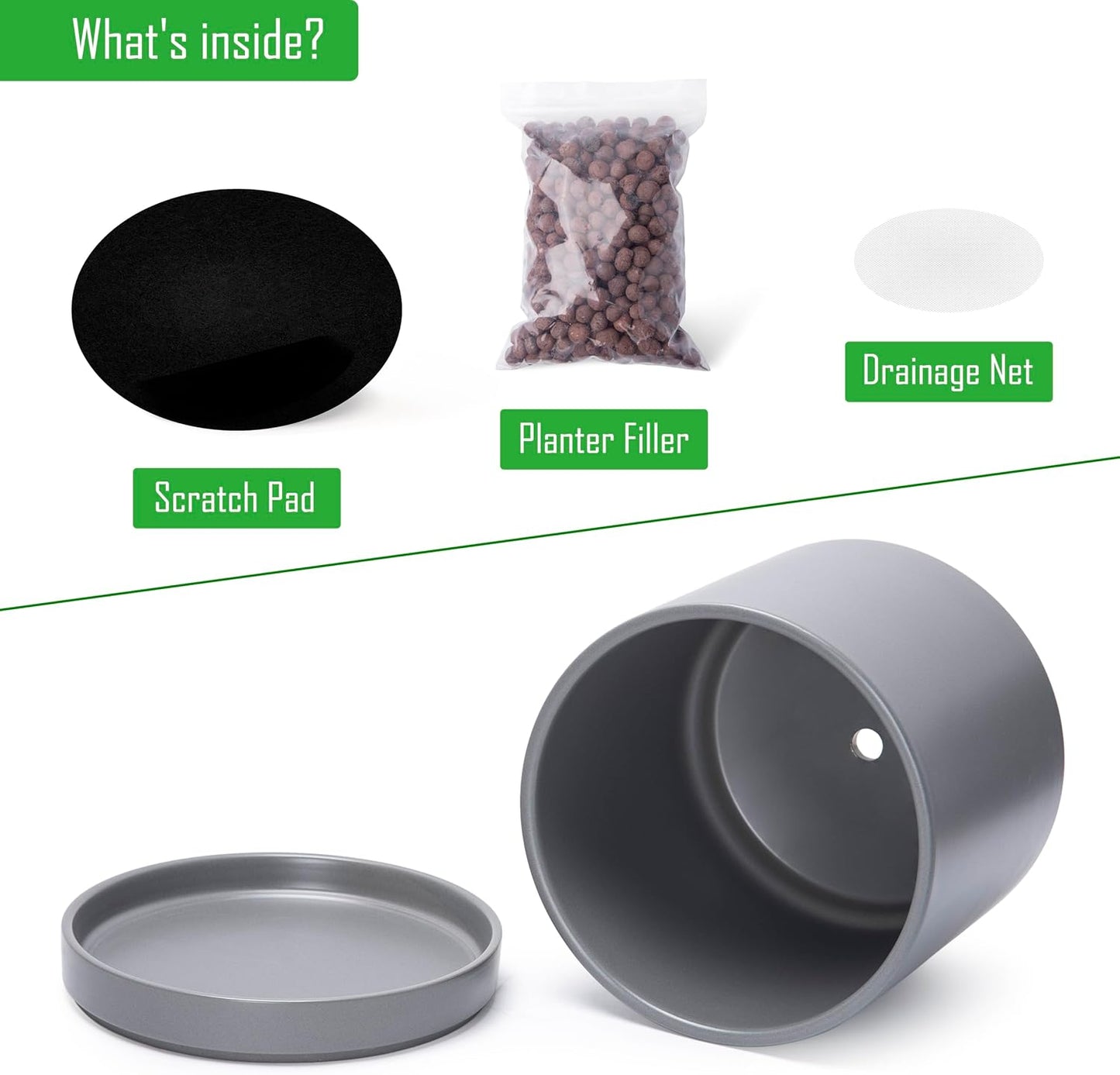 D'vine Dev 6 Inch & 8 Inch & 10 Inch, Set of 3 Round Ceramic Planter Pot with Drainage Hole and Saucer, Grey, 94-T-L-3