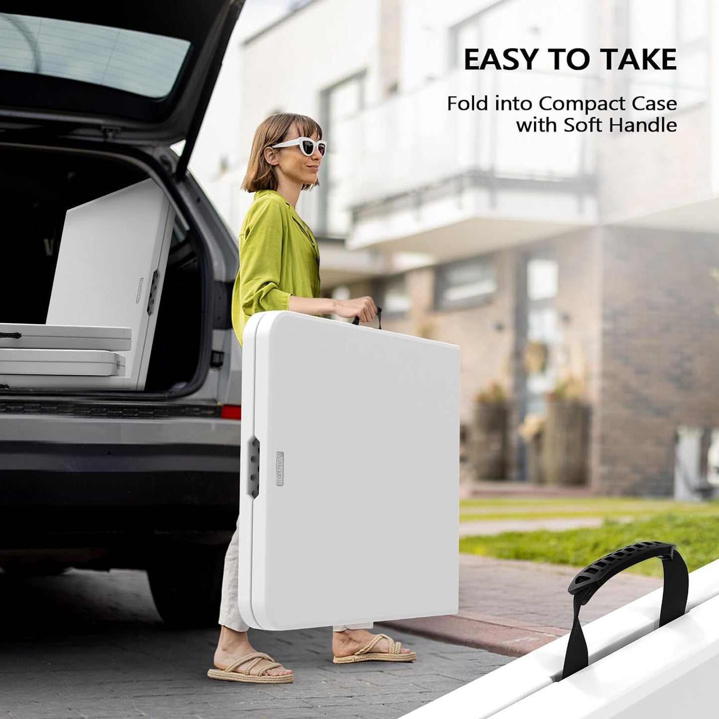 VINGLI 6 Foot Plastic Folding Table Portable Long Table for Indoor Outdoor Use Rectangular with Carrying Handle, Smooth HDPE Tabletop, White