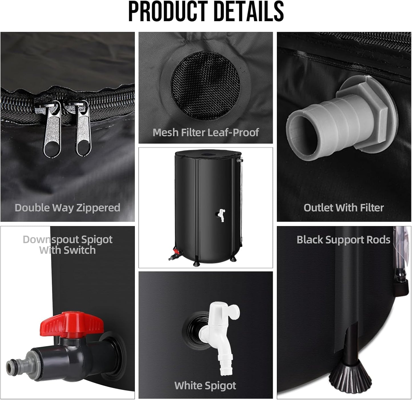 Collapsible Rain Barrel Water Collection System - 100 Gallon Portable Water Storage Tank,Foldable Rainwater Collect System Downspout, Water Catcher Container with Filter, Spigots＆Overflow Kit,Black