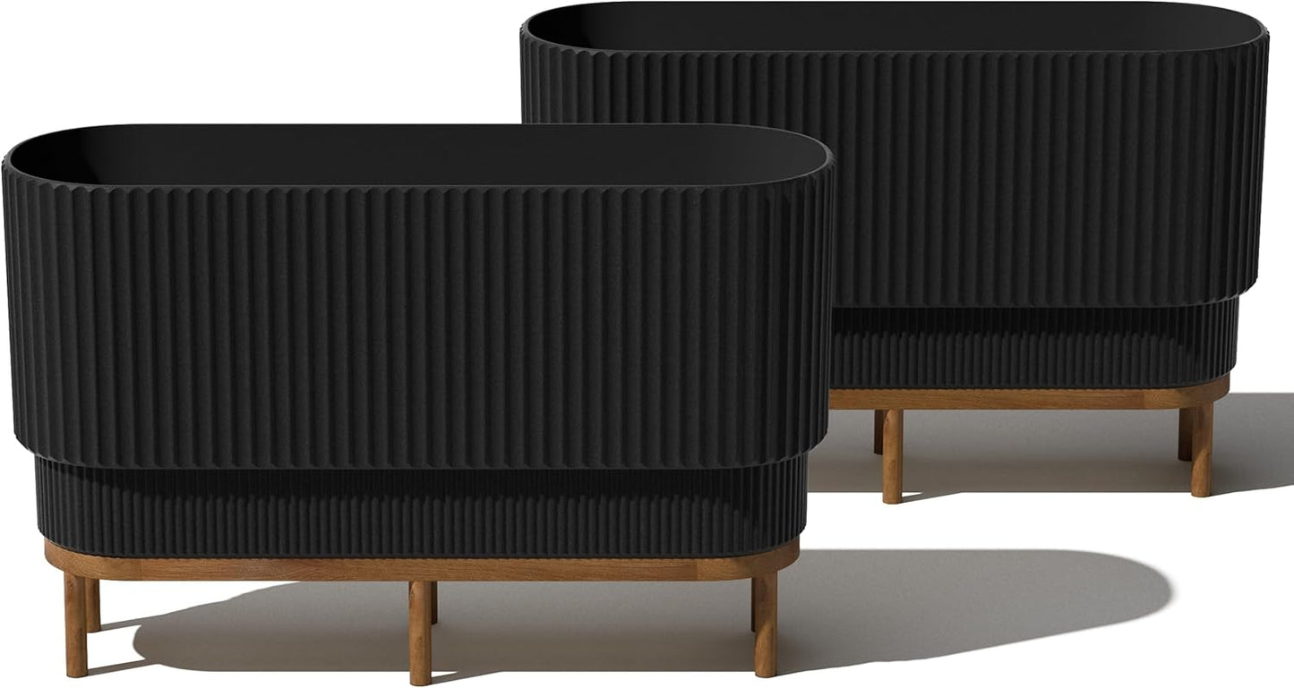 Veradek Demi Series Raised Long Planter for Indoor/Outdoor Use | Made from Plastic & Stone w/Wooden Stand | Modern Patio Décor for Flowers/Shrubs