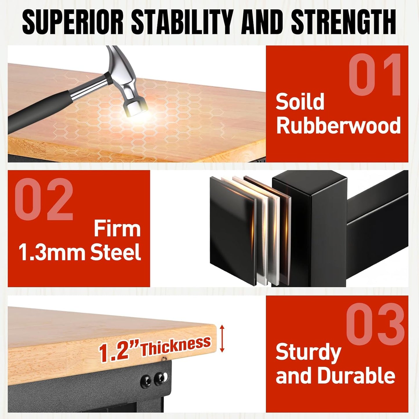 48" L×24”W Adjustable Workbench with Wheels, 28”-40”Height Heavy Duty Table 2000 LBS Load Capacity, Work Bench with Power Outlet & Pegboard, Rubber Wood Work Table for Garage, Office, Workshop