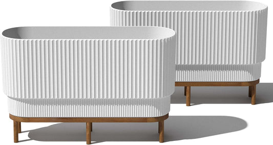 Veradek Demi Series Raised Long Planter for Indoor/Outdoor Use | Made from Plastic & Stone w/Wooden Stand | Modern Patio Décor for Flowers/Shrubs