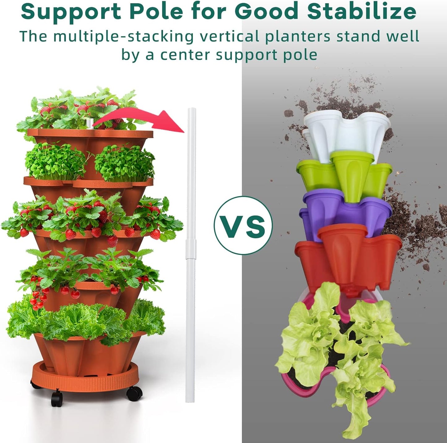 Strawberry Vertical Planter, 5 Tiered Stacking Garden Tower, Stackable Herb Vegetable Planters with Support Pole Indoor and Outdoor - Terra Cotta