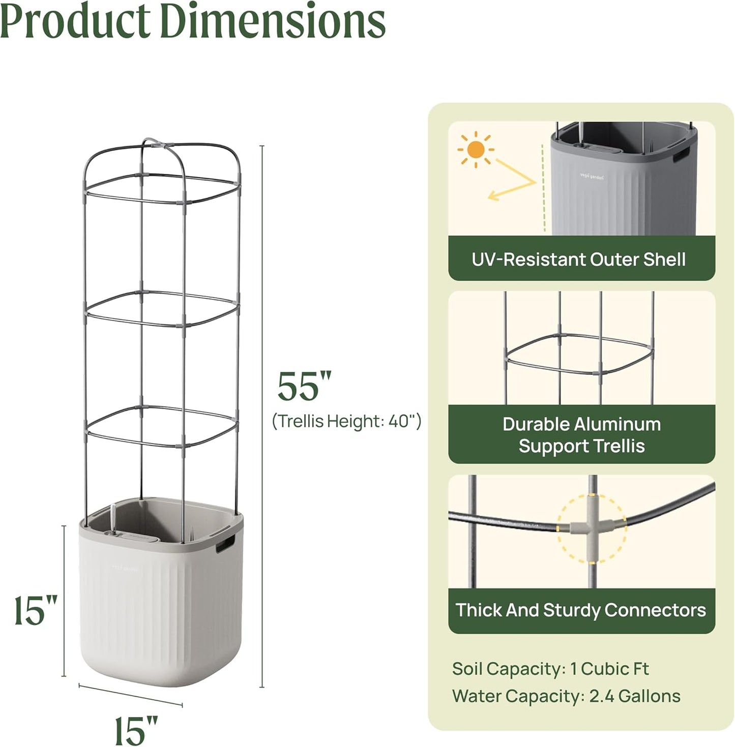 Vego garden Planters for Outdoor & Indoor Plants, Large Plant Pots with Self Watering, 15" Tall Large Plant Pots with Trellis for Flowers Plants Decor, Cream White