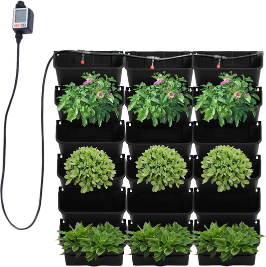 Self-Watering Wall-Mounted Planter, Vertical Wall Planter 18 Pots Vertical Living Wall Planter Indoor Plant Grow Pots w/Timer&Long Hose, Plant Flower Pot Holder for Flowers Vegetables (Black)