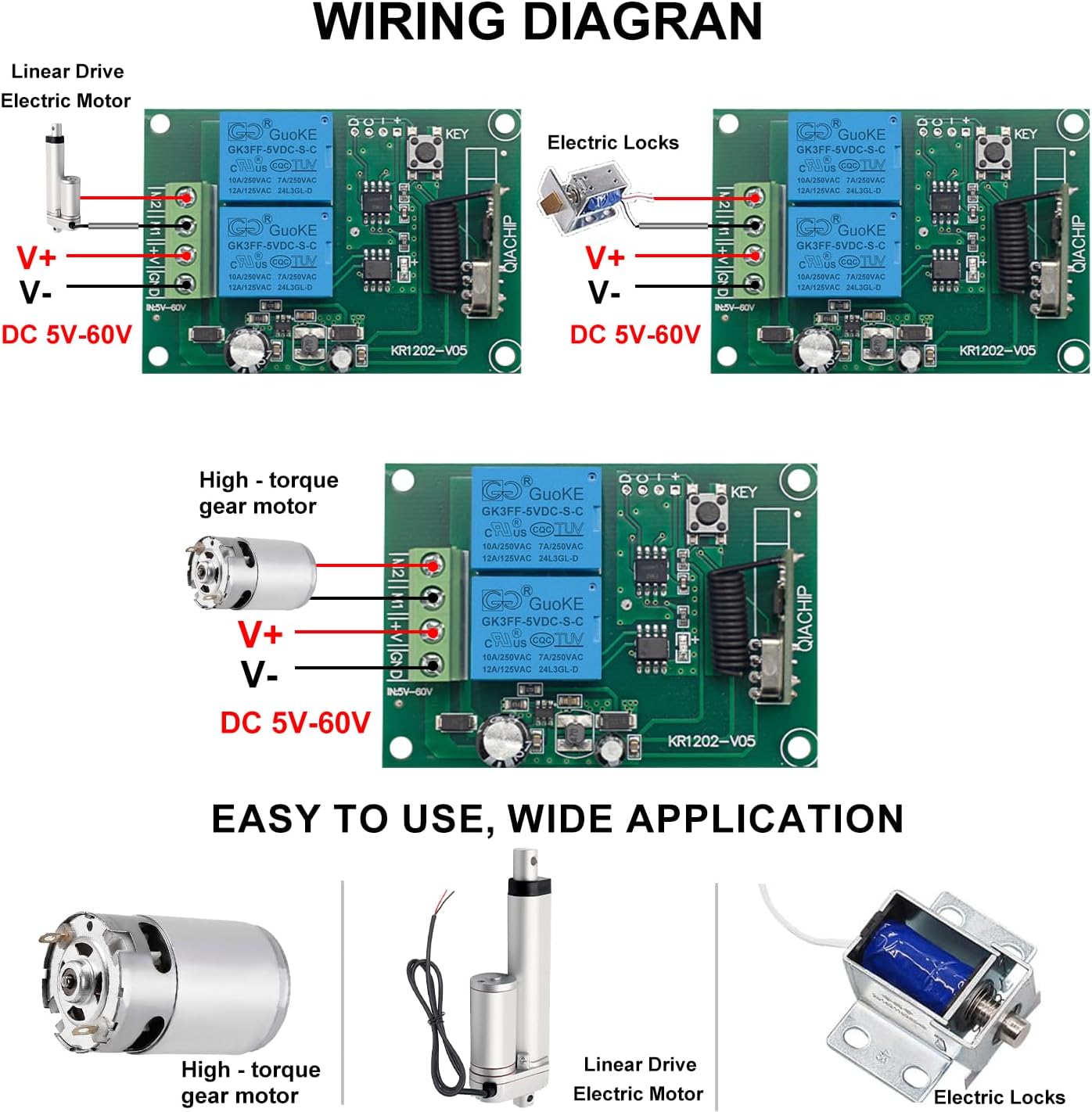 QIACHIP DC 5V 6V 12V 24V 36V 48V 60V Electric Motor Forward and Reverse Wireless RF Remote Control Relay Module Switch,Receiver 433Mhz with Transmitters for Motor,Curtains, Garage Door (KR1202)