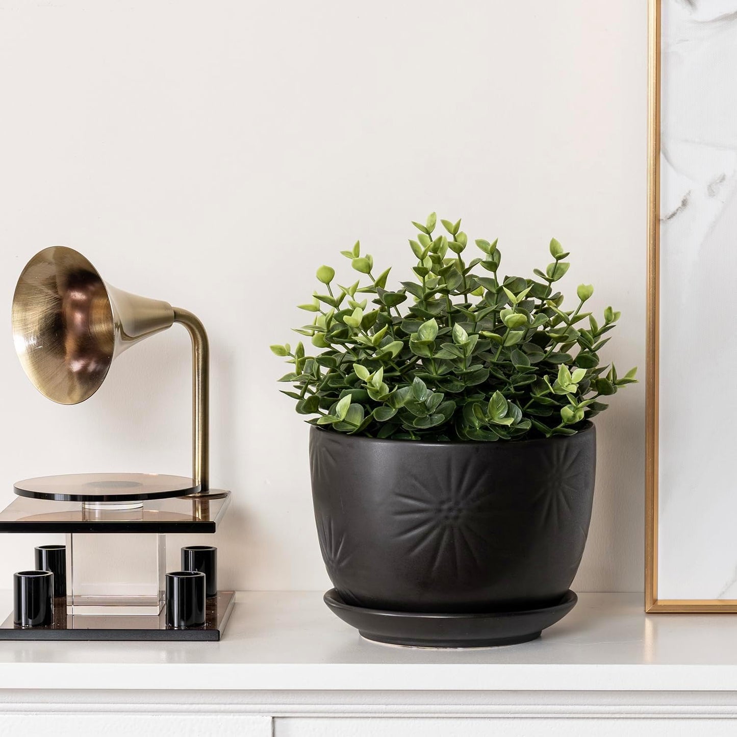 MyGift 7 Inch Round Matte Black Ceramic Plant Pot with Drainage Hole and Attached Saucer, Modern Decorative Embossed Sunburst Planter Container for Indoor Home Garden