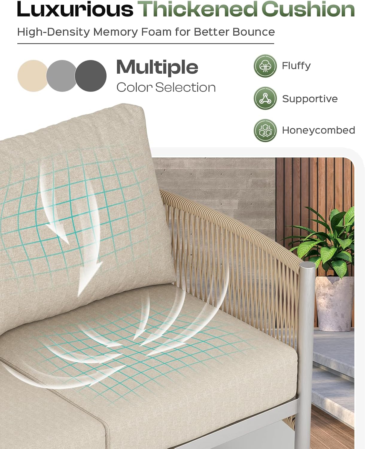 Aluminum Outdoor Patio Couch Loveseat, HDPE Rope Patio Sofa with Washable Thick Cushion, All-Weather Patio Furniture for Balcony, Yard, Silver Frame, Beige