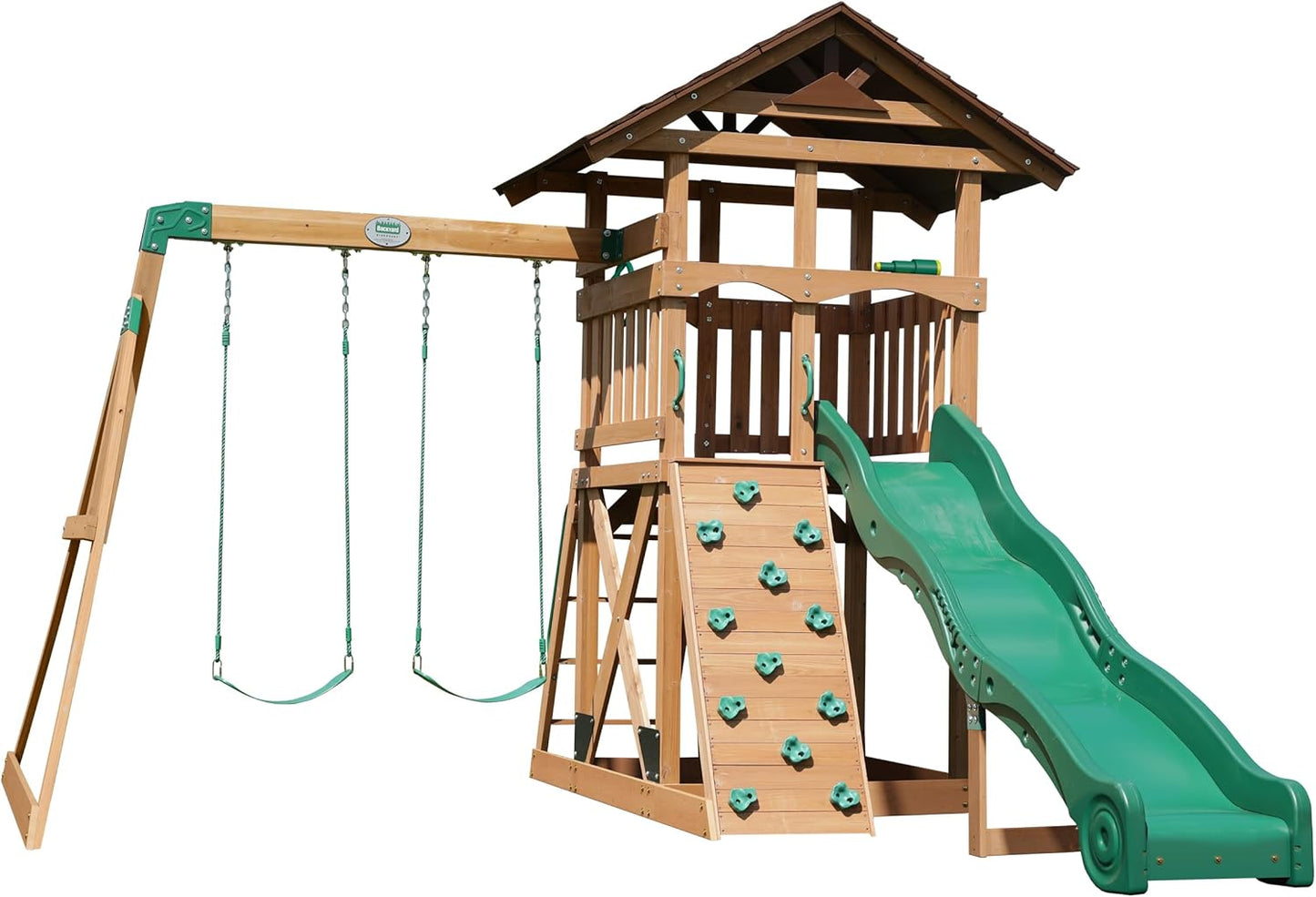 Backyard Discovery Lightning Ridge Cedar Wood Swing Set with Wave Slide, Play Deck, Rock Wall, Sandbox, Belt Swings, Toy Telescope, Steering Wheel, Step Ladder, Outdoor Playset