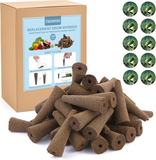 100 Pack Grow Sponges, Seed Pods Replacement Root Growth Sponges Compatible with AeroGarden, Moldy-Free, Sponges Kit with 10 Pod Labels for Hydroponic Indoor Garden System