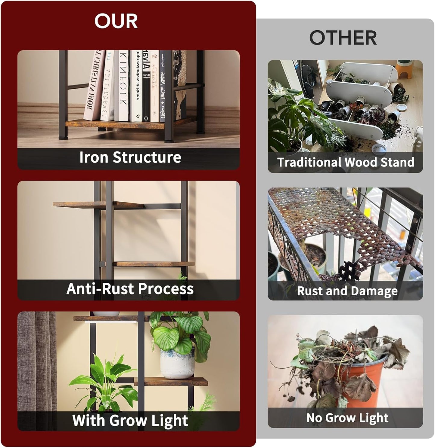 Plant Stand Indoor with Grow Light, 5-Tiered Tall Plant Stand Indoor, Metal Plant Shelf with Bookshelf Bookcase and Adjustable Light, Ideal for Living Room, Reading room, Garden, Patio (Brown)