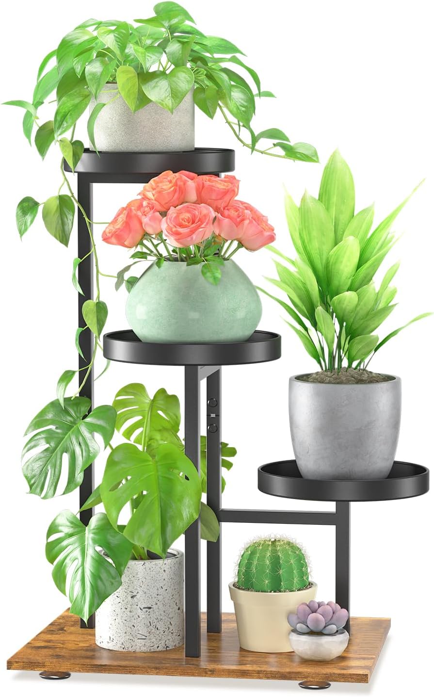 LASZOLA Black 3 Tier Plant Stand Indoor Heavy Duty Rack for Modern House Planter, Metal and Wooden Vertical Organizer Decor Narrow Bathroom Floor, Sturdy Multi Level Flower Holder Raised, Cat Proof