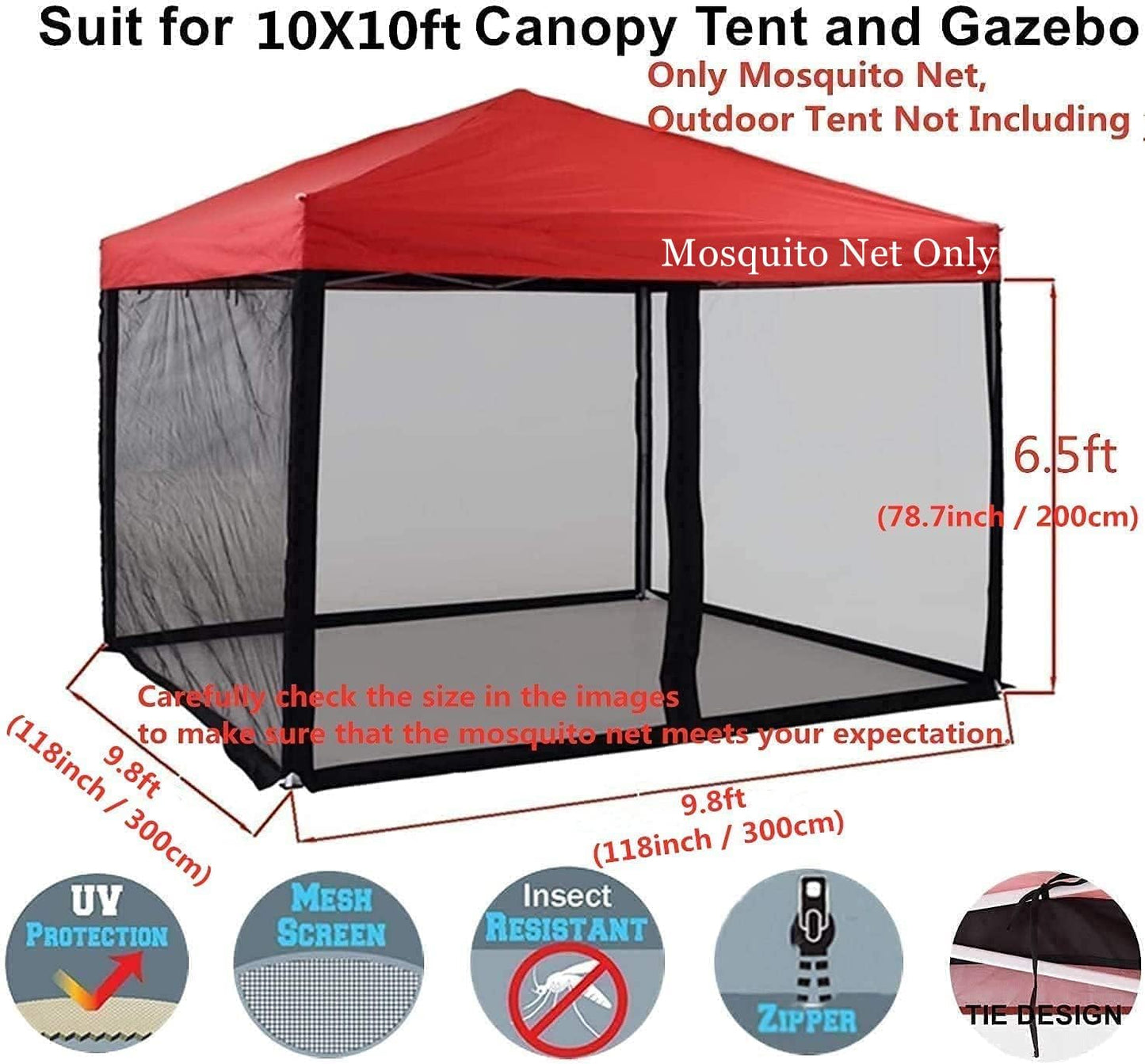 10x10 Mosquito Net with Zipper for Patio Camping Gazebo and Canopy Tent, Outdoor Gazebo Replacement Mosquito Netting Tent Screen Wall, Ultra Fine Mesh(Only Net No Frame)