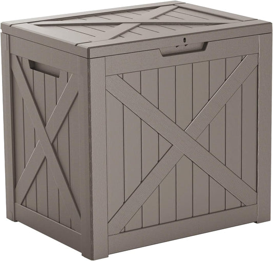32 Gallon Resin Deck Box, Lockable Outdoor Storage Box for Patio Cushions Storage Furniture,Garden Tools, Pool Supplies, Weatherproof and UV Resistant (Grey X)