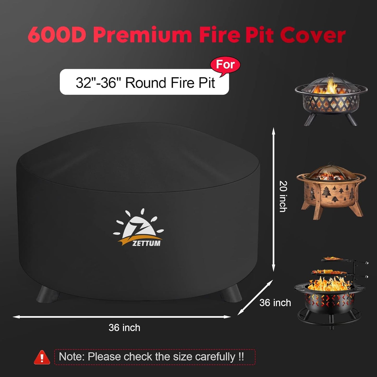 Fire Pit Cover Round 36 Inch - Outdoor Firepit Cover Heavy Duty & Waterproof, 600D Patio Fire Table Cover Gas Fire Pit Accessories Fade & Weather Resistant - 36 x 36 x 20 Inch