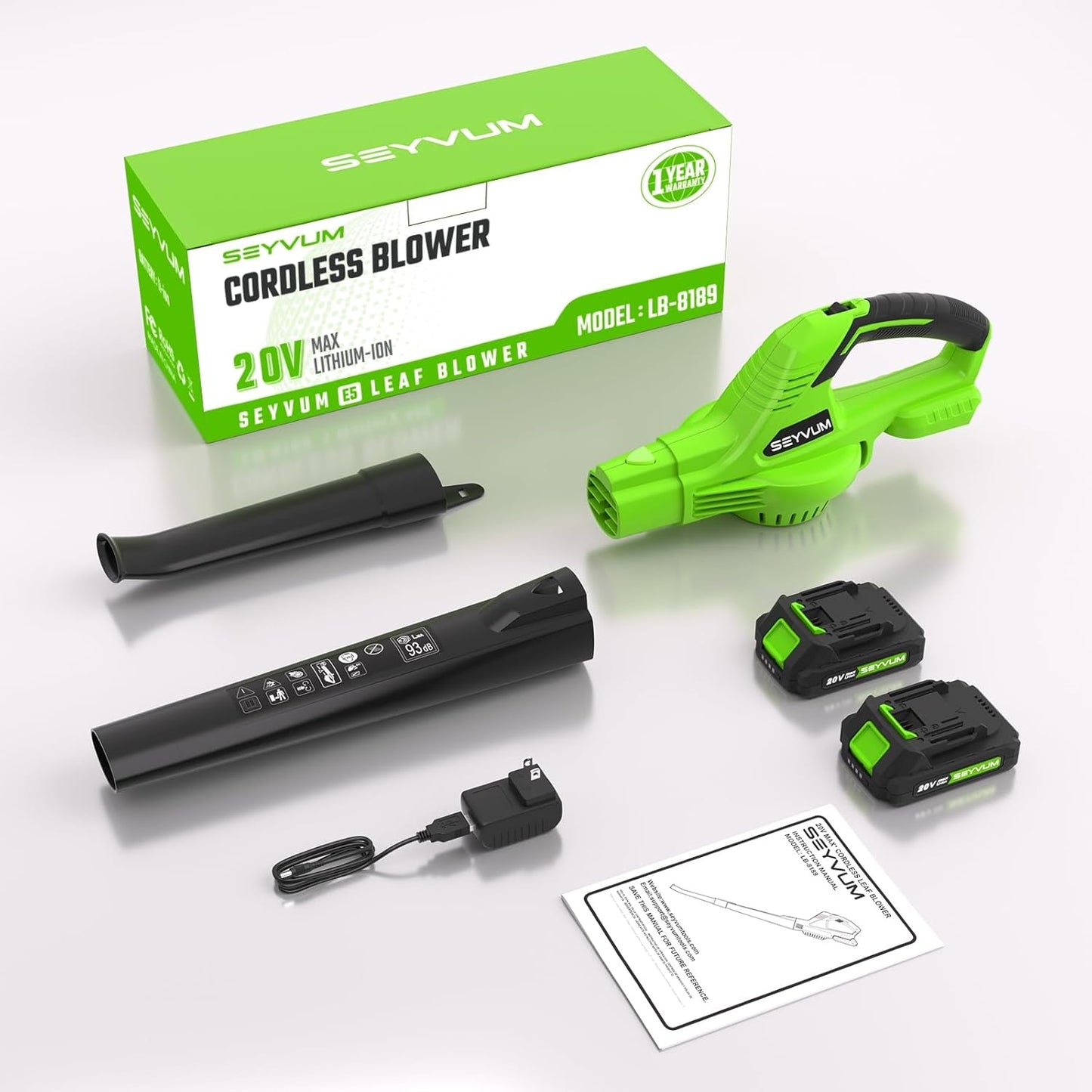 SEYVUM Leaf Blower, 20V Cordless Blower with 2 x 2.0Ah Battery, Electric Leaf Blowers for Lawn Care, 320 CFM 150 MPH Battery Powered Leaf Blower, for Patio, Garden Cleaning, Fast Charger, Grass Green