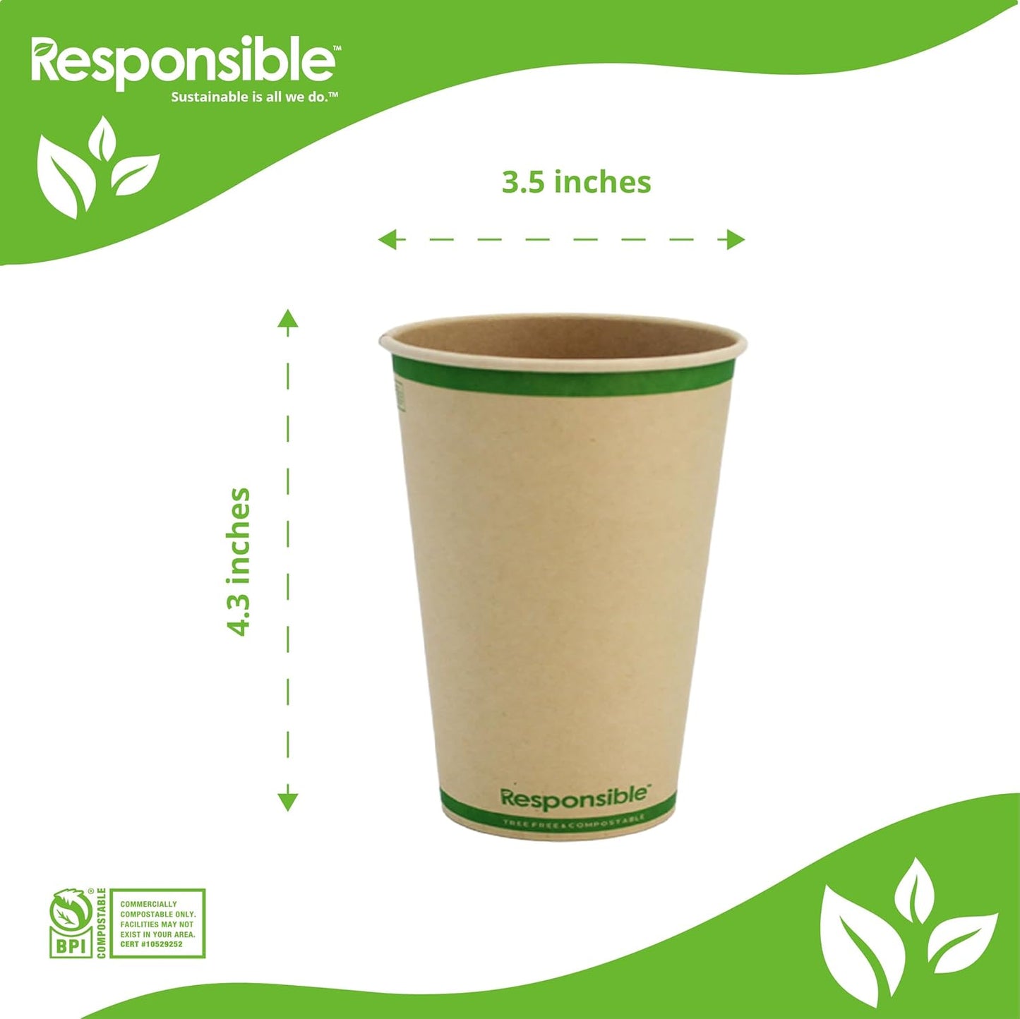 12 oz Paper Hot Cups, Tree-Less™ Compostable Paper Coffee Cups, Extra Strength, Tree-Free and Made Without PFAS, Natural Brown (1000 Count)