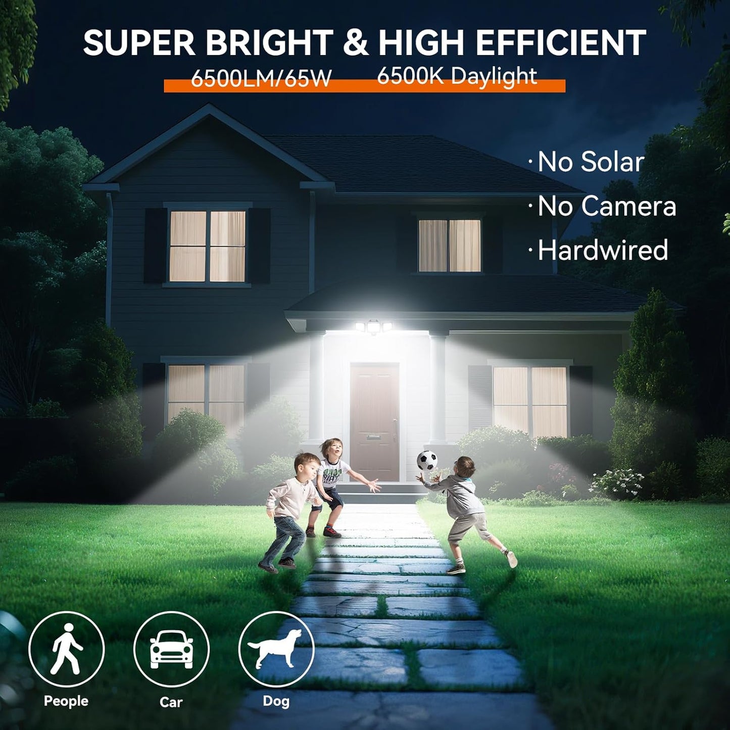 65W LED Flood Lights Outdoor, 6500LM, Waterproof, 6500K Motion Sensor Flood Lights Outdoor with Adjustable 3 Head Detected Floodlight for Outside Entryway Garage, Yard, Porch
