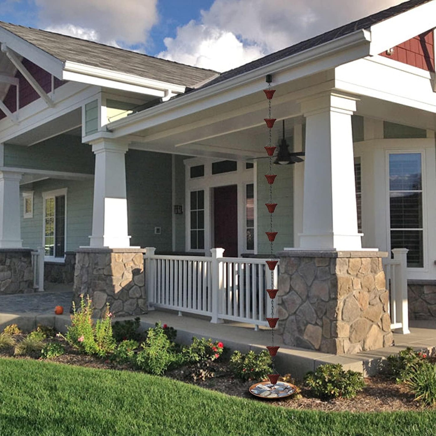 8.5FT Bell Iron Rain Chains for Gutter and Rain Barrel, Rust-Resistant Plated Garden Décor for Downspout, Bonus Rain Chain Gutter Adapter (Antique-Red)