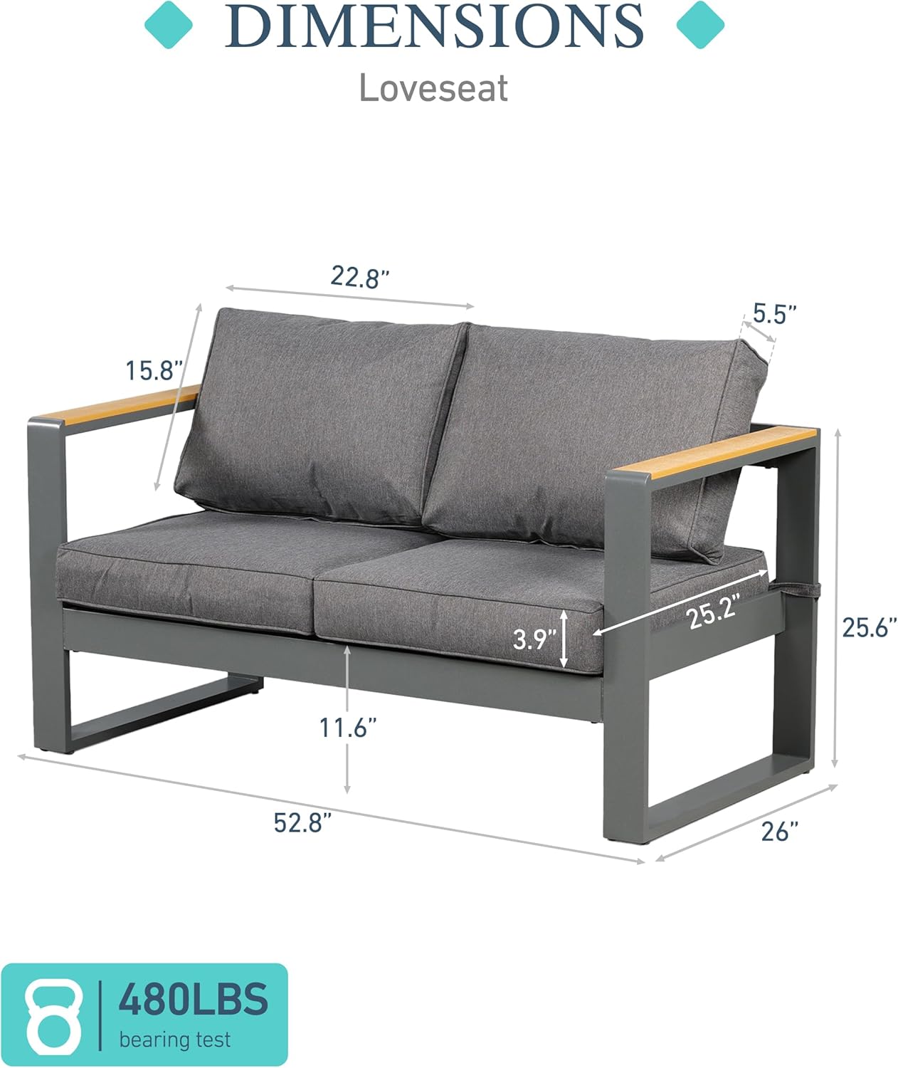 BPS Outdoor Aluminum Patio Furniture Loveseat, 1 PCS All-Weather Metal Outdoor Sofa Chairs with Washable Thick Cushion for Garden, Patio, Balcony and Proch