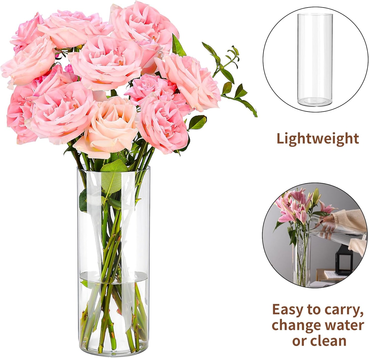 Clear Flower Vase, Non-breakable Vases, 4" W x 12" H, Acrylic Vase, Aesthetic Room Decor Cylindrical Modern Flower Vases for Table Centerpiece, Home Decor, Women Floral Arrangement Gift