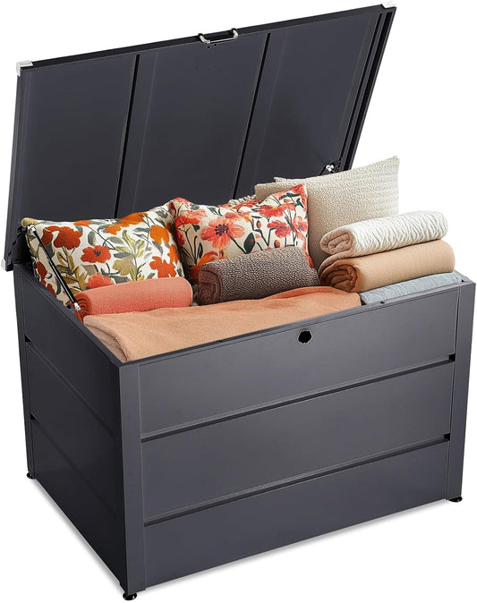 Quictent Metal Deck Box 150 Gallon Outdoor with Hydraulic Lid, Easy Assemble Waterproof Weather-Resistant Storage Bin, 660LBS Capacity for Patio/Garden/Poolside, Grey