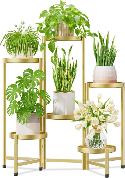 iDavosic.ly Plant Stand Indoor Outdoor, 6 Tier Corner Metal Flower Display Holder Shelf, Folding Tall Orchid Rack for Patio Balcony Porch Garden Living Room House, Gold