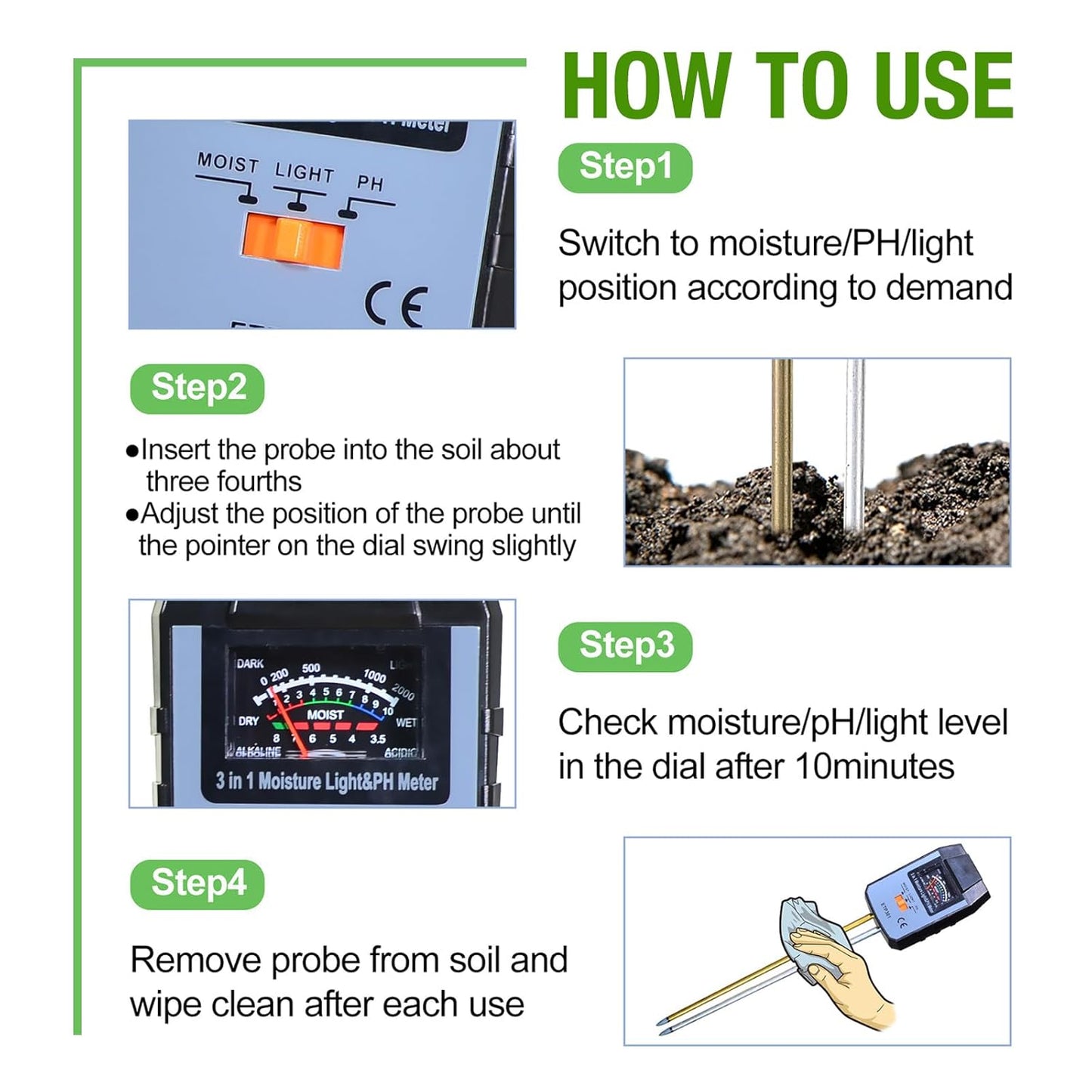 ALLOSUN Soil Moisture Meter for Plants, 4 in 1 Soil pH Tester/pH Meter for Water/Light Meter for Plants, Indoor, Garden, Farm, Lawn, No Battery Required