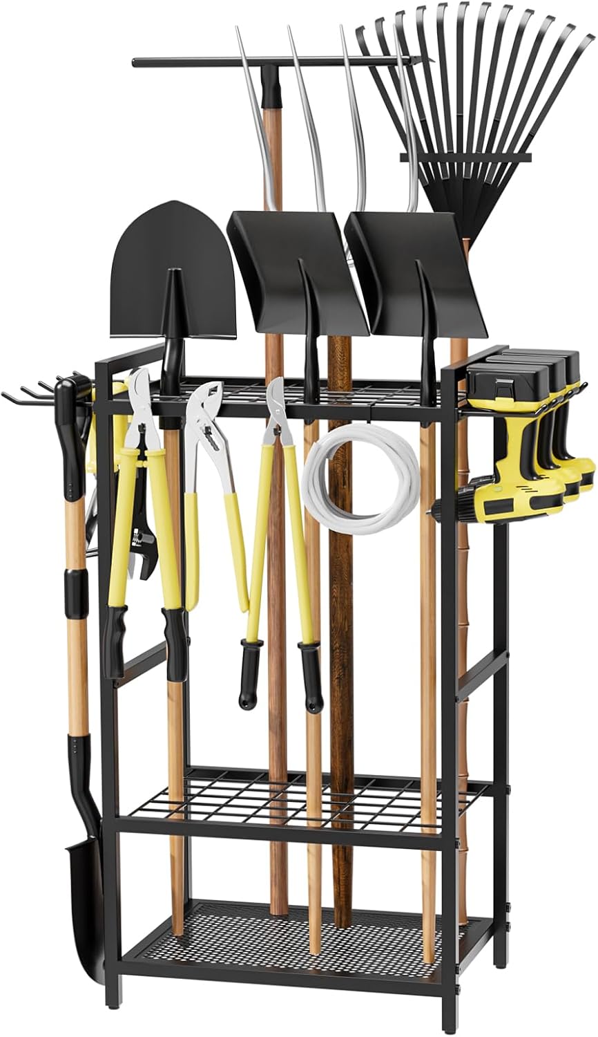 Garden Garage Tool Organizer Yard Tool Organizer for Garage with 4 Hooks, Heavy duty Steel Garden Tool Rack Holds up to 48 Long Handled Yard tools for Storage
