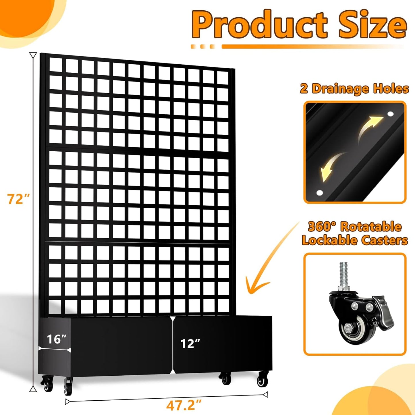 Metal Planter Box with Trellis, 72"x47"x16" Outdoor Galvanized Raised Garden Bed with Privacy Screen & Drainage Holes & Lockable Casters for Climbing Plants, Vegetable, Vines (Black-Grid)