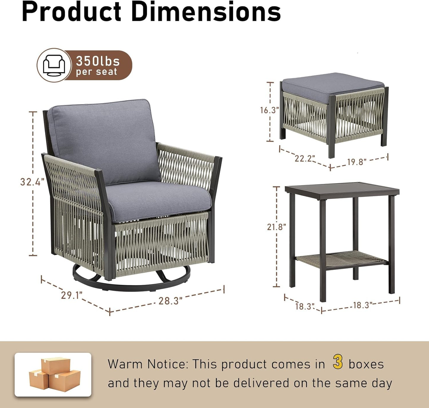 Patio Furniture Wicker Outdoor Conversation Set, 5-Piece All Weather Patio Furniture Rattan Rocking Sets w/Removable Cushions & Ottomans, Side Table for Backyard, Balcony, Deck, Dark Grey